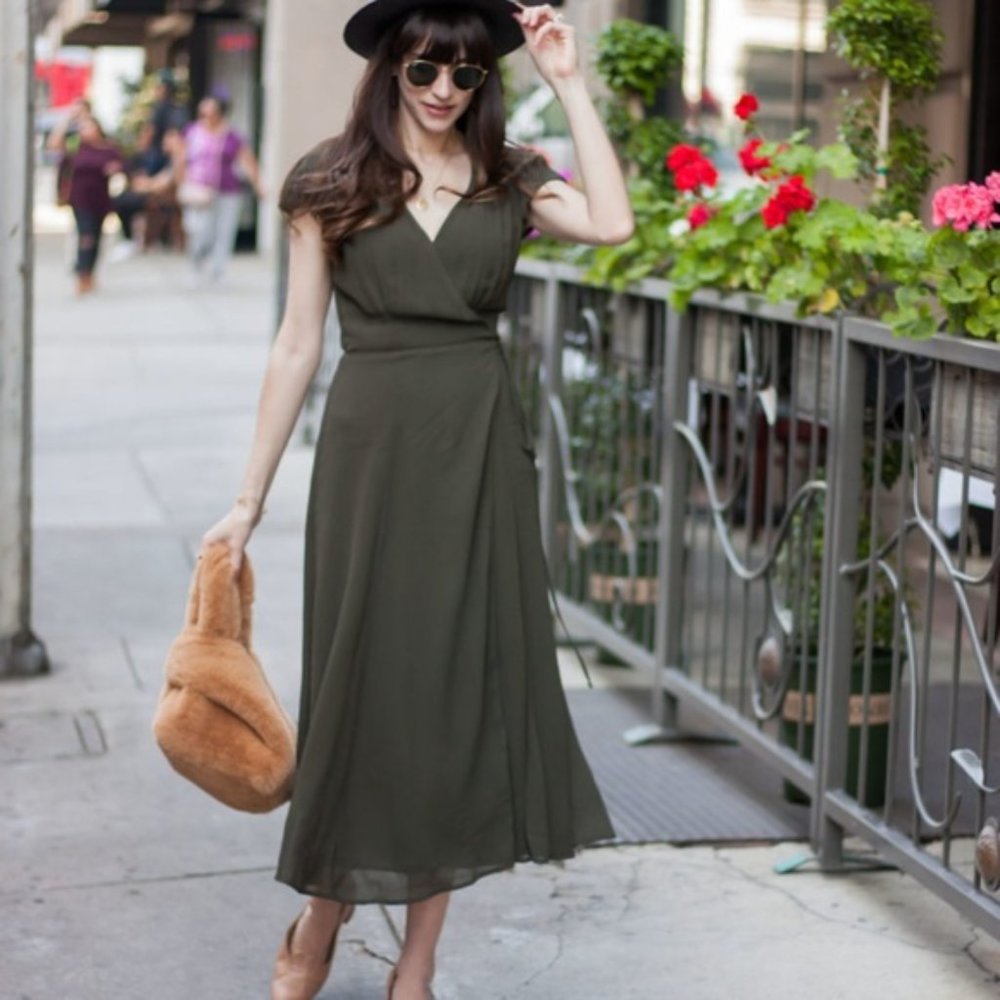 Reformation Olive Green Carina Midi Wrap Dress - 0 (worn once)
